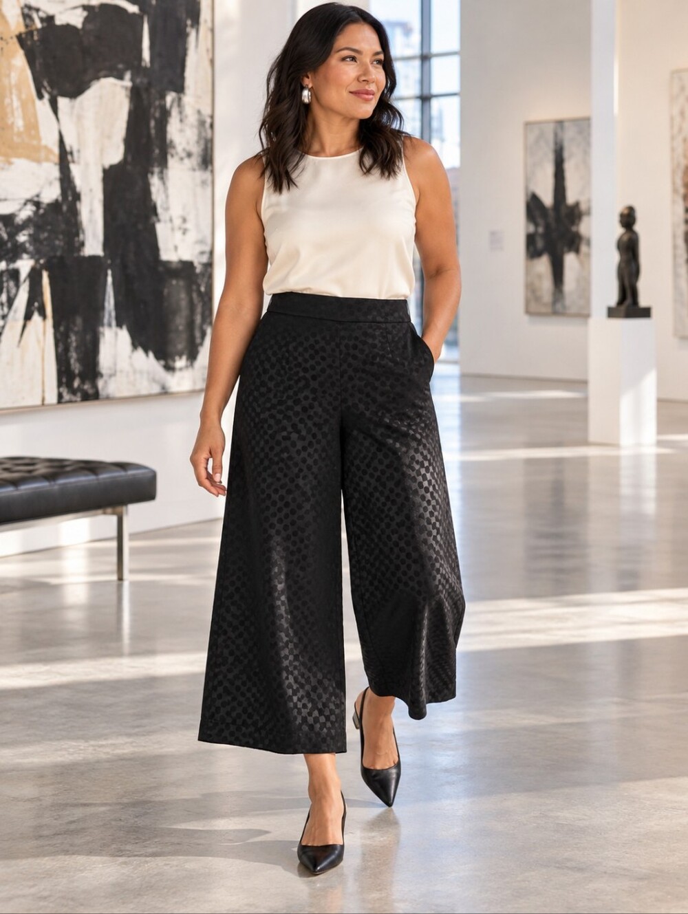 Madewell Drapey Jacquard Huston Pull-On Crop Pants Black Polka Dot L